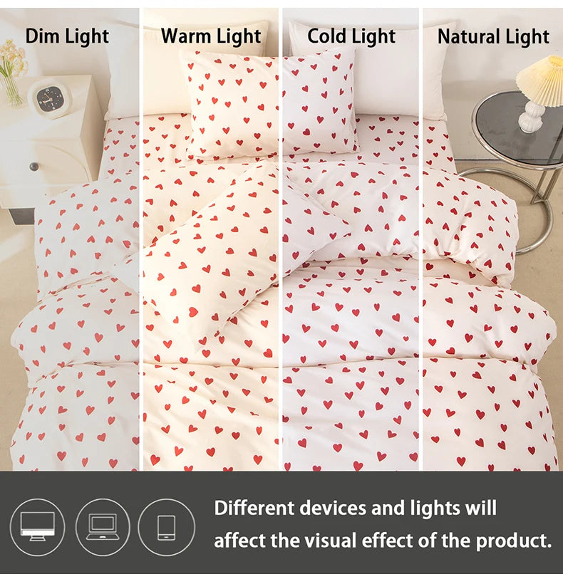 Red Heart Print Duvet Cover Set – 3-Piece Soft Skin-Friendly Bedding with Pillowcases, Twin to King
