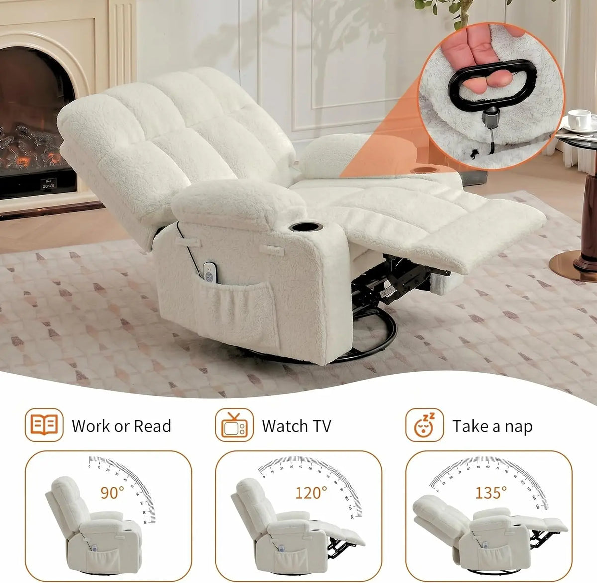 Swivel Rocker Recliner with Heat, Massage & Cup Holders