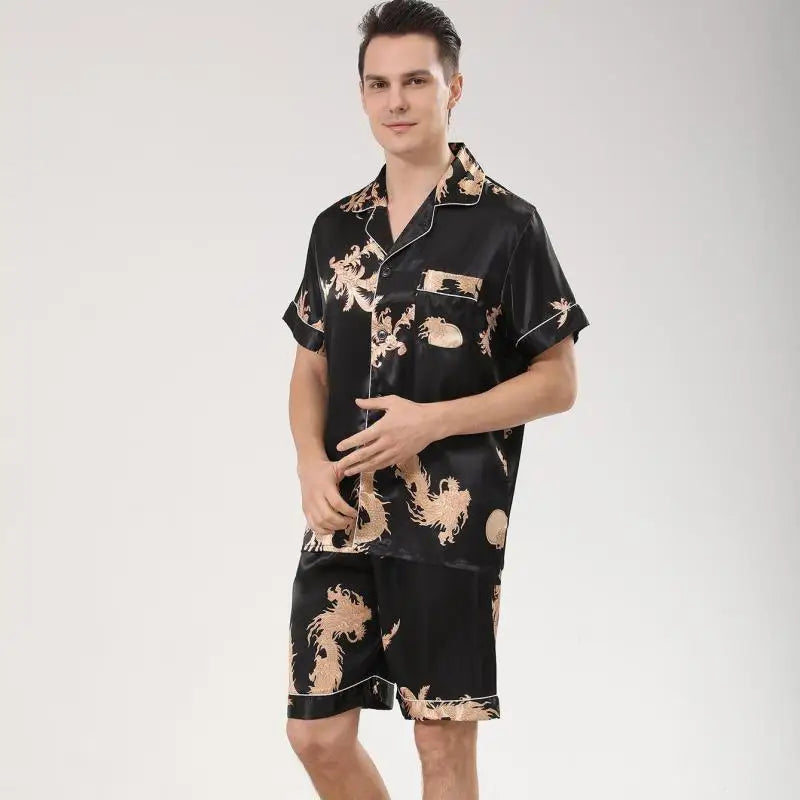 Men's Dragon Print Satin Pajama Set — Lapel Shirt & Shorts