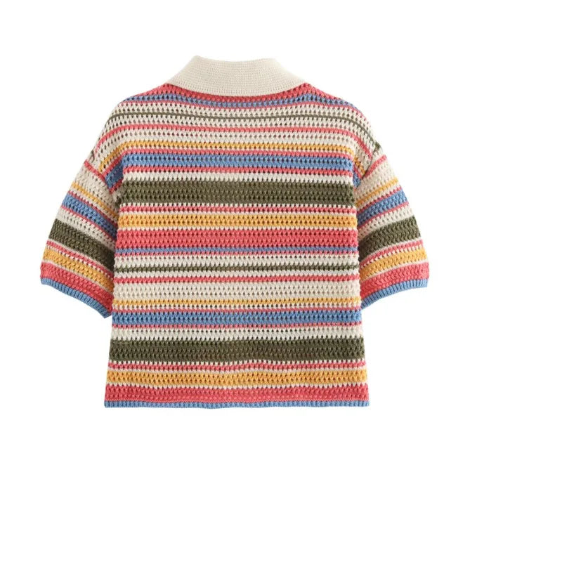 Women's Y2K Crochet Knit Crop Sweater & Shorts Set – Polo Collar Striped Patchwork Hollow Out