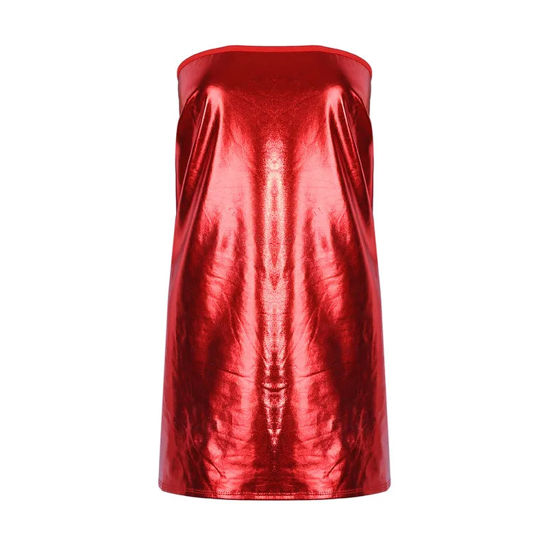 PU Leather Chest Wrap Mini Dress — Sleeveless Solid Clubwear Skirt