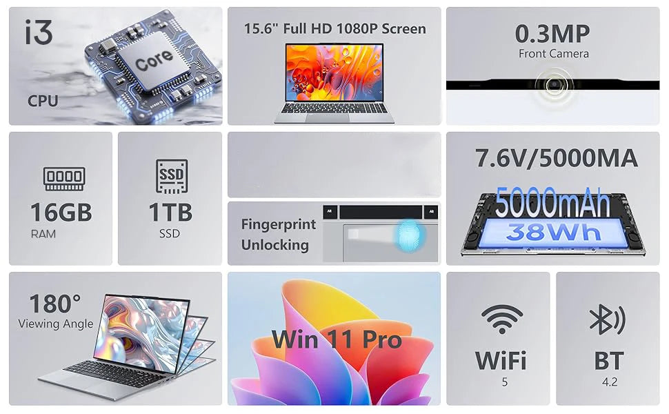 15.6" Ultra Slim Laptop – Intel Core i3-6100U, 16GB RAM, Up to 2TB SSD, Windows 11 Pro
