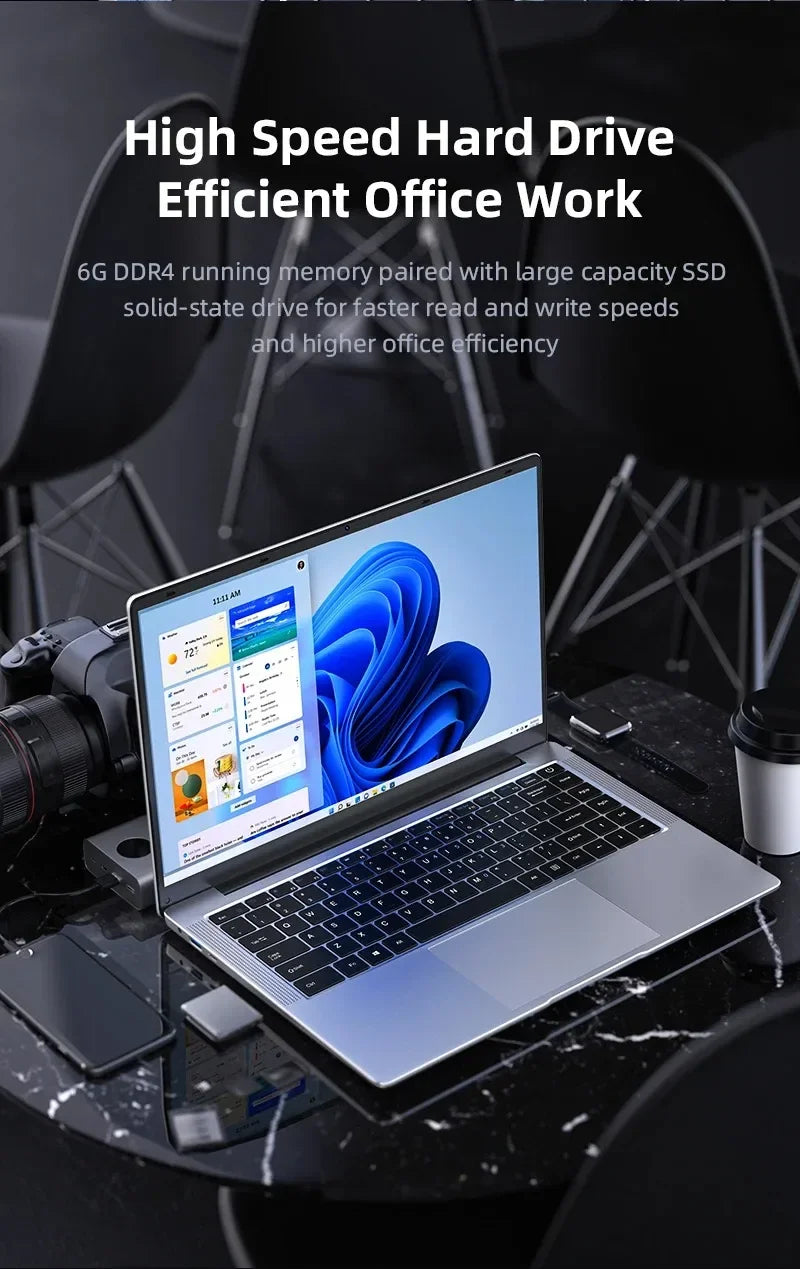 14.1" Intel N3700 Slim Laptop – 16GB DDR4, Up to 2TB SSD, Dual Cameras, Wi-Fi 6, Windows 11
