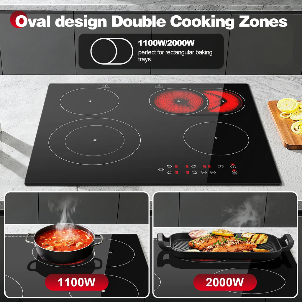 2-Zone Ceramic Hob – 3000W, Child Lock, 9 Heat Levels, 1-99 Min Timer, 60cm Black Glass (CE Certified)