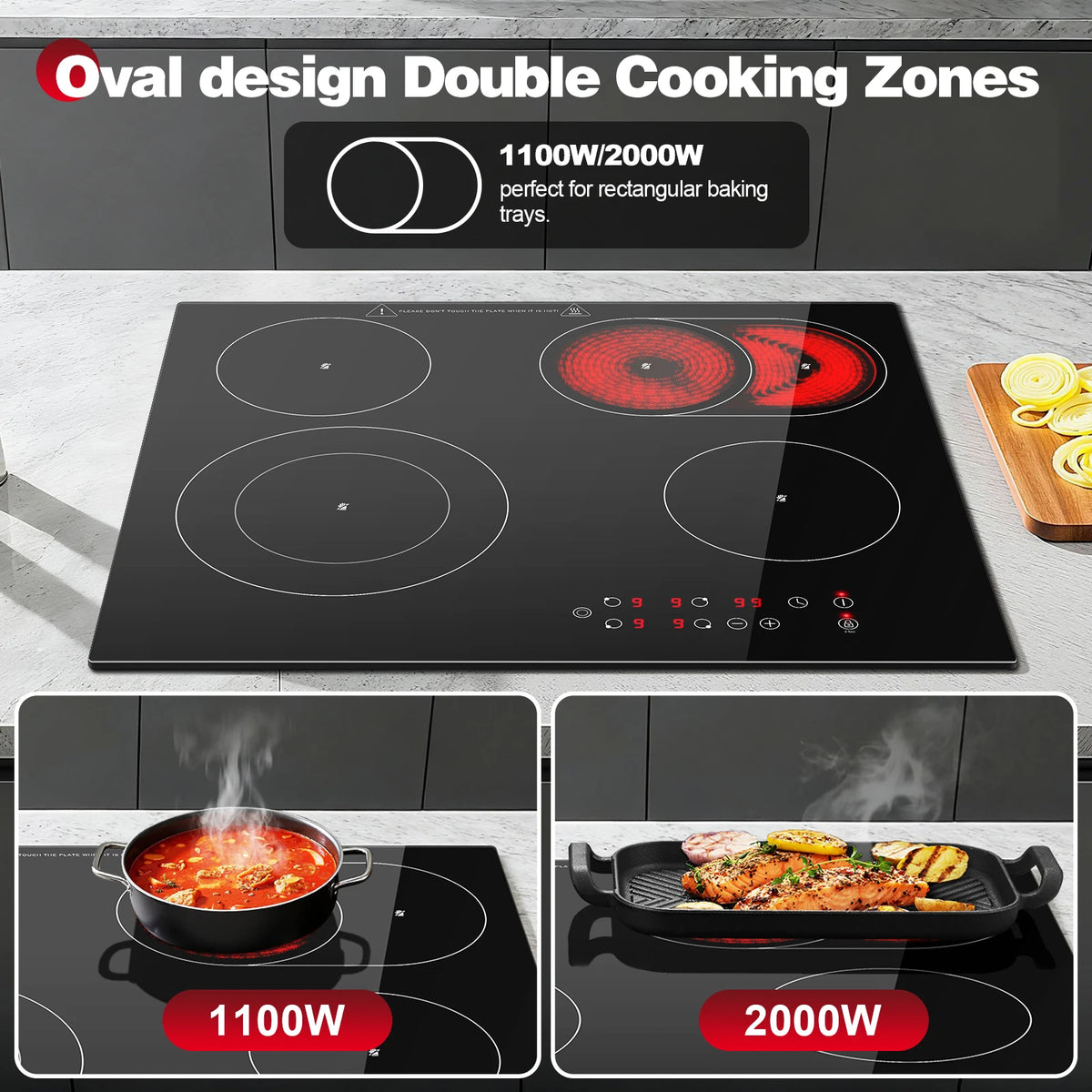 2-Zone Ceramic Hob – 3000W, Child Lock, 9 Heat Levels, 1-99 Min Timer, 60cm Black Glass (CE Certified)