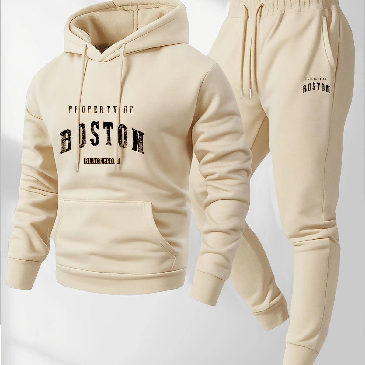 Men's Boston Print Hoodie & Velvet Sweatpants Set – Warm Autumn Winter Tracksuit