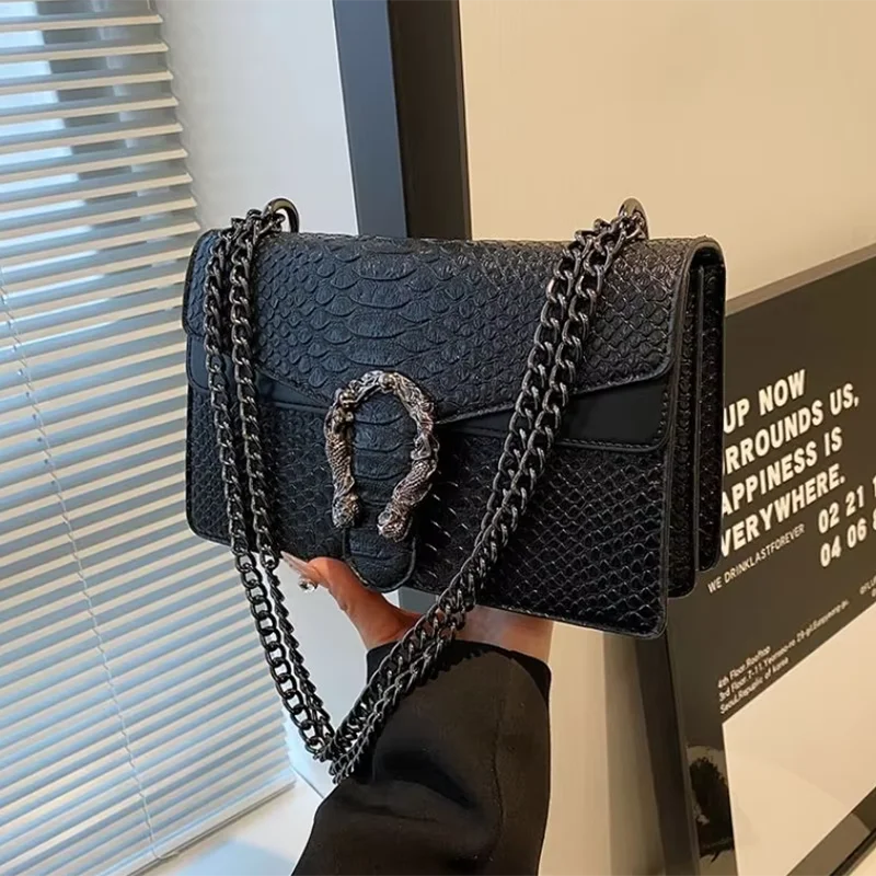 Retro Snake Pattern Chain Crossbody Square Bag – Fashion PU Leather Shoulder Bag for Women
