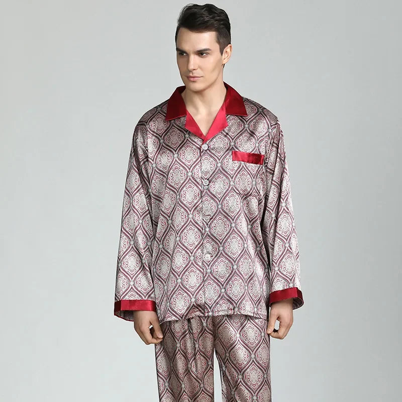 Men's Ice Silk Satin Pajama Set — Long Sleeve Top & Pants Sleepwear