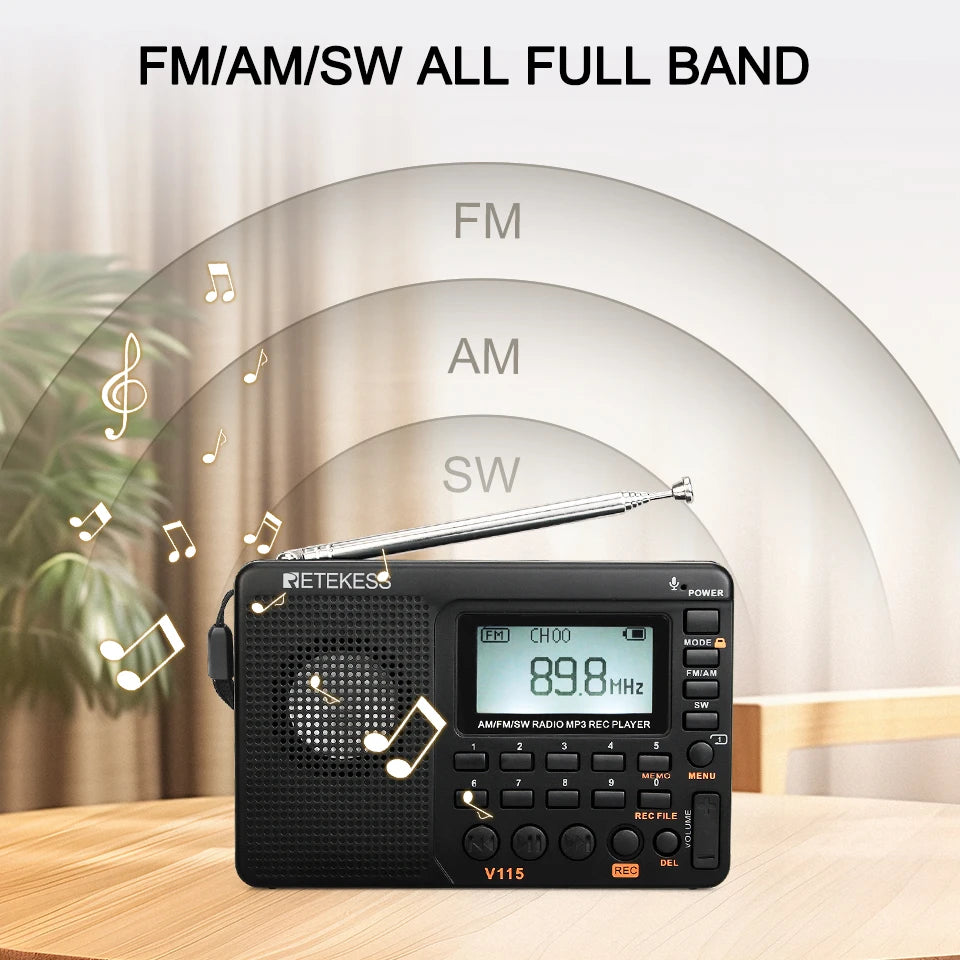 RETEKESS V115 Portable FM AM SW Radio — Rechargeable with USB