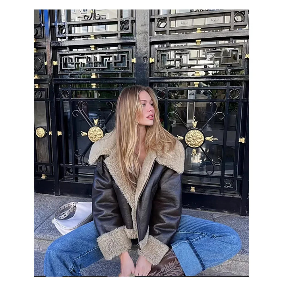 Women's Thickened Double-Sided Short Jacket – Warm Zip-Up Streetwear Coat in Brown