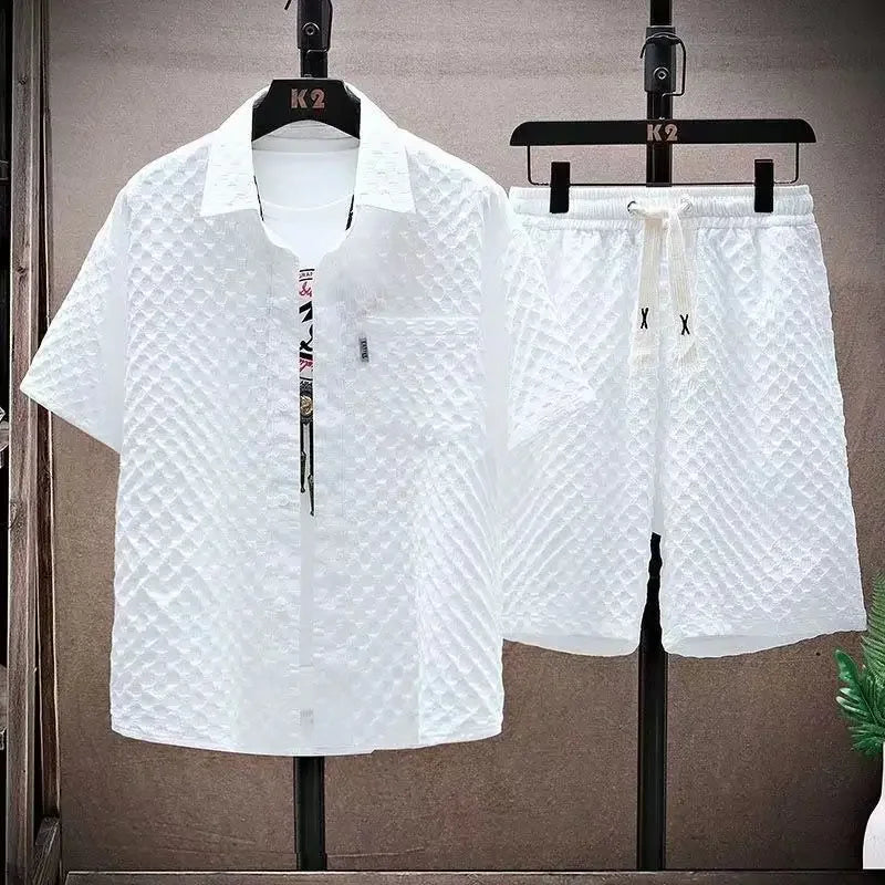 Men's Ice Silk Plaid Lapel Shirt & Shorts Set – Korean Luxury Casual Oversize 2-Piece
