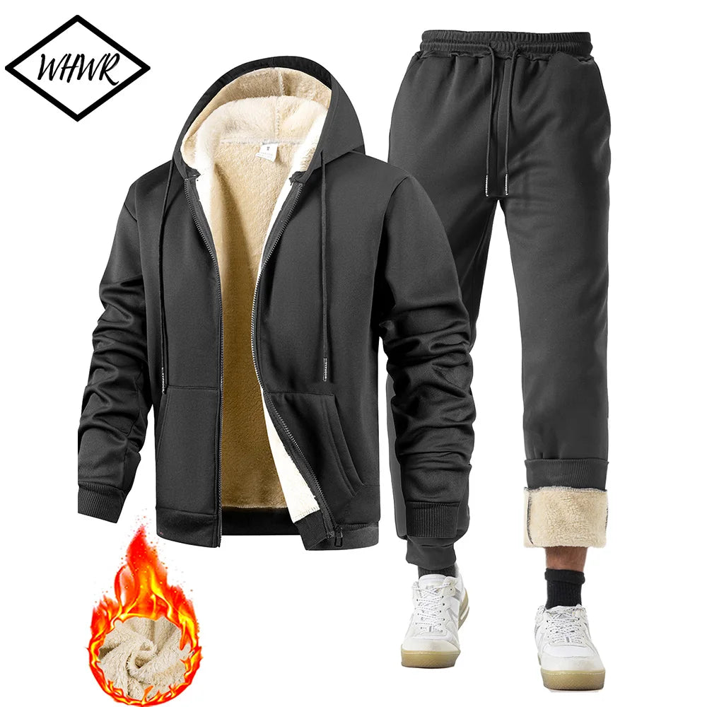 Men's Plush Thickened Winter Hoodie Jacket & Trousers Set – Warm Outdoor Casual Sport Tracksuit