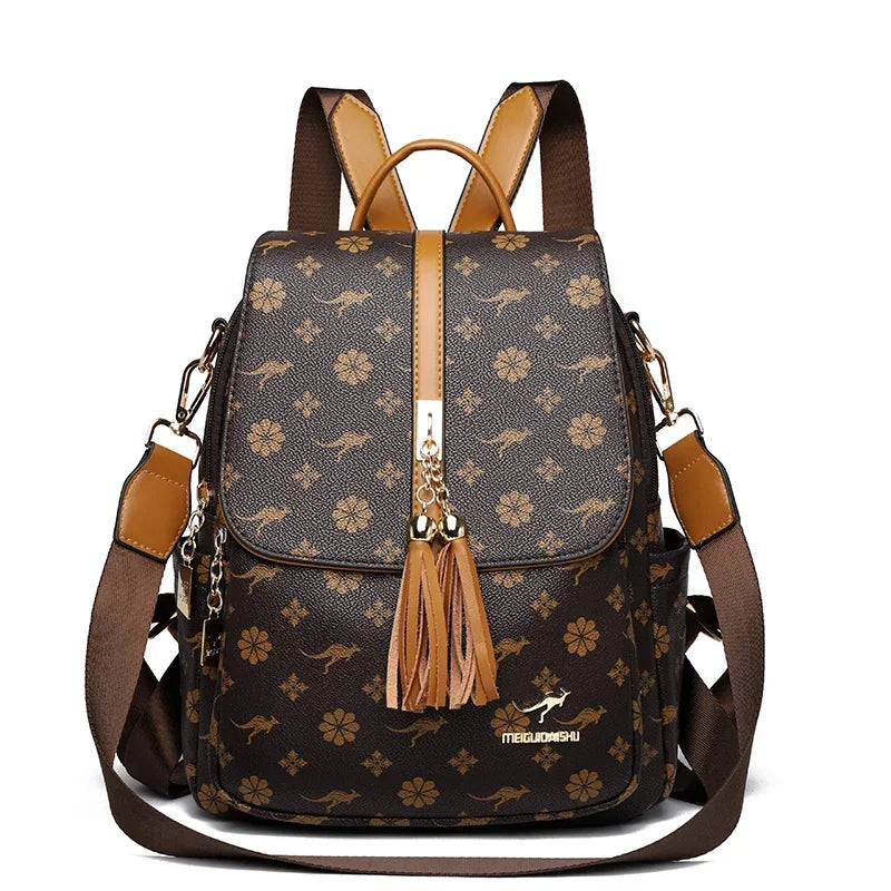 Women's Luxury Leather Backpack – Vintage Print Tassel Fashion Bag
