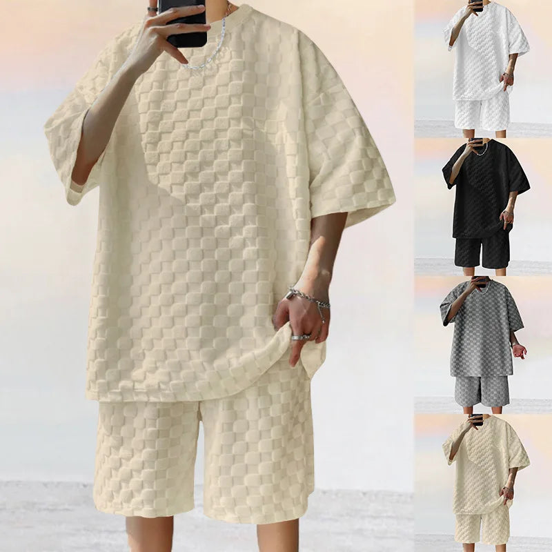 Men's Oversized Chessboard Plaid Shirt & Shorts Set – Loose Summer Leisure 2-Piece