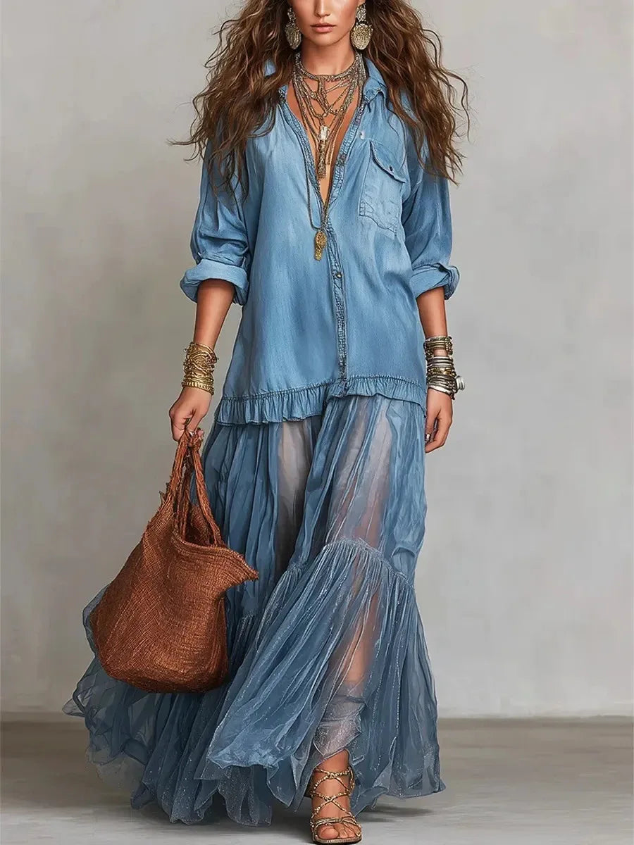Denim Dress Women Dresses A Line Turn Down Collar Full Sleeve Ruffled Vintage Elegant Mesh Splice Work Causl Y2k Streetwear 2026