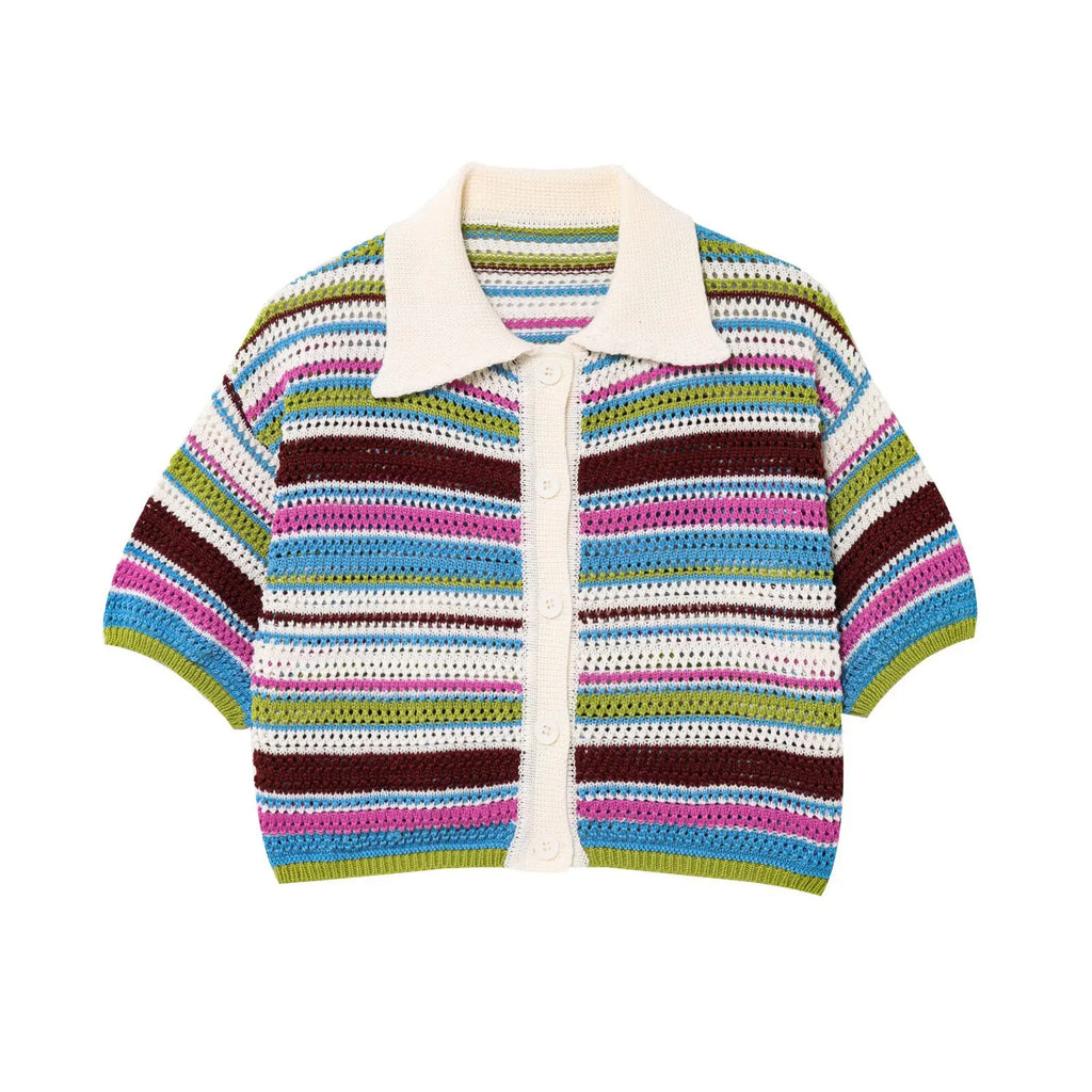 Women's Y2K Crochet Knit Crop Sweater & Shorts Set – Polo Collar Striped Patchwork Hollow Out