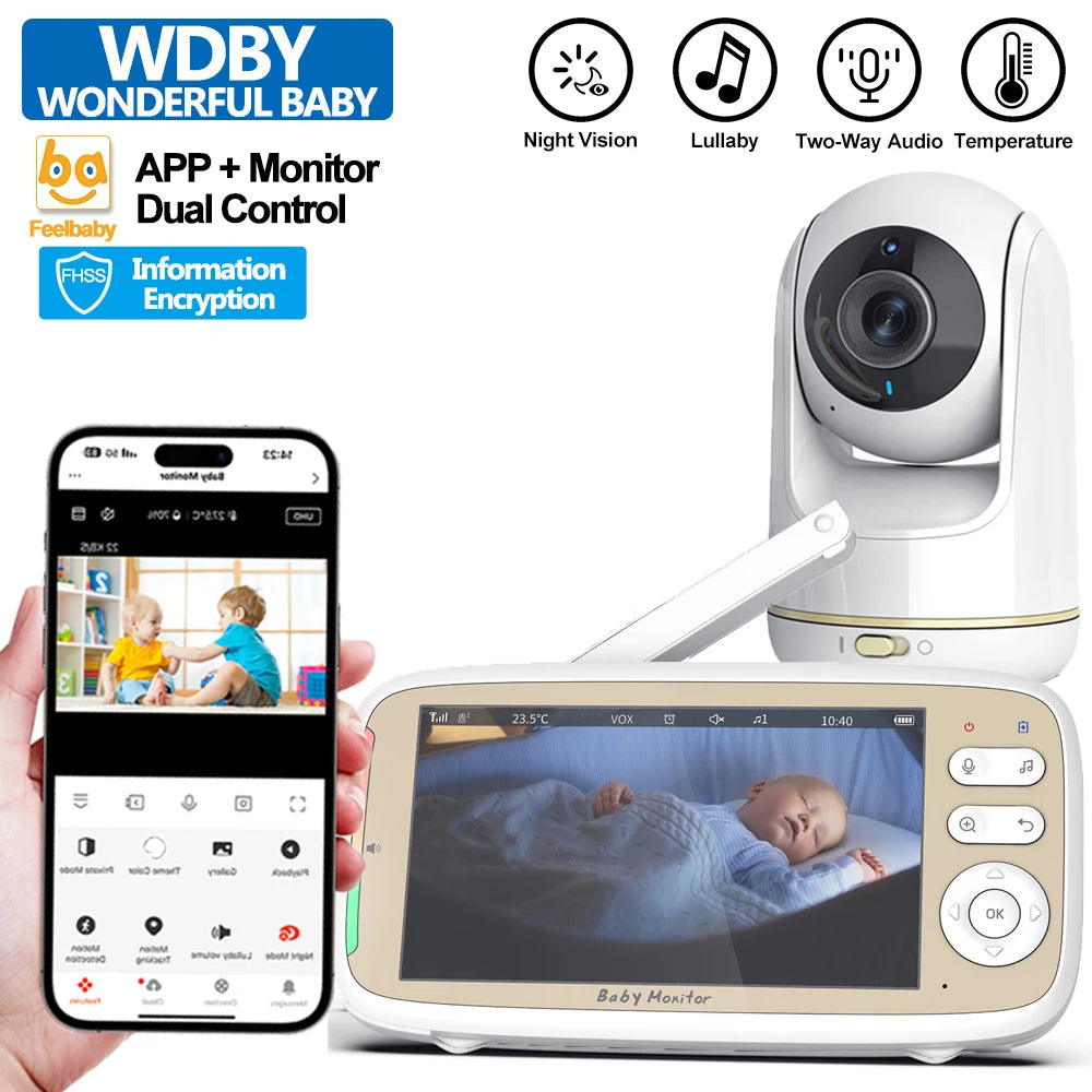 5" WiFi Baby Monitor – PTZ 355°, 3x Zoom, Night Vision, 2-Way Audio, App + Monitor, 22H Battery
