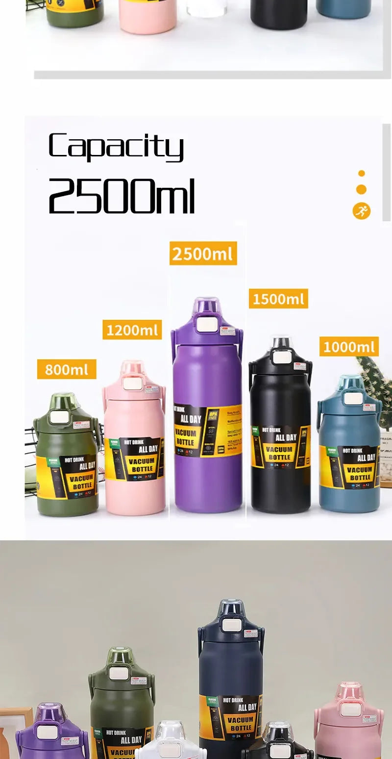 Large Capacity Vacuum Thermos Bottle with Handle & Straw – 304 SS, 6–12Hr Insulated, 800ml–1500ml, 16 Colors