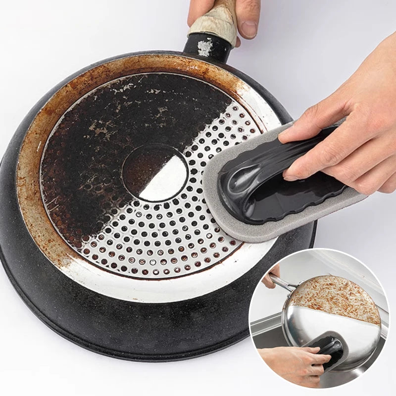 Erase Rust. Scrub Stains. Sharpen Knives. — Magic Nano Emery Sponge Cleaning Brush | Eraser, Rust Remover, Ergonomic Handle, Kitchen & Bath