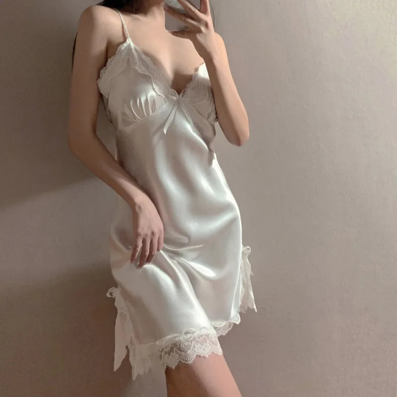 Women's Sexy Lace V-Neck Sleeveless Nightdress – Suspender Sleepwear for Ladies