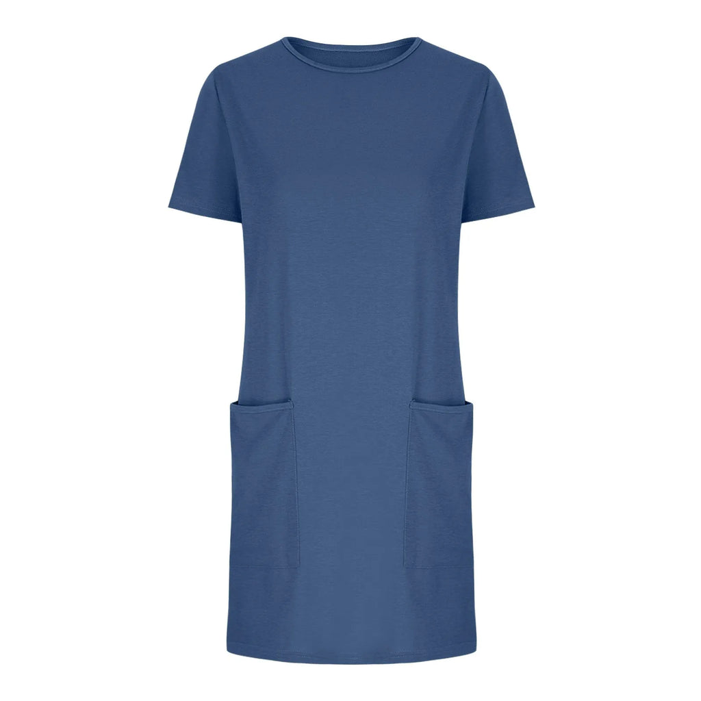 Solid Color Pocket Casual Sports Dress — Short Sleeve O-Neck A-Line Knee-Length Dress