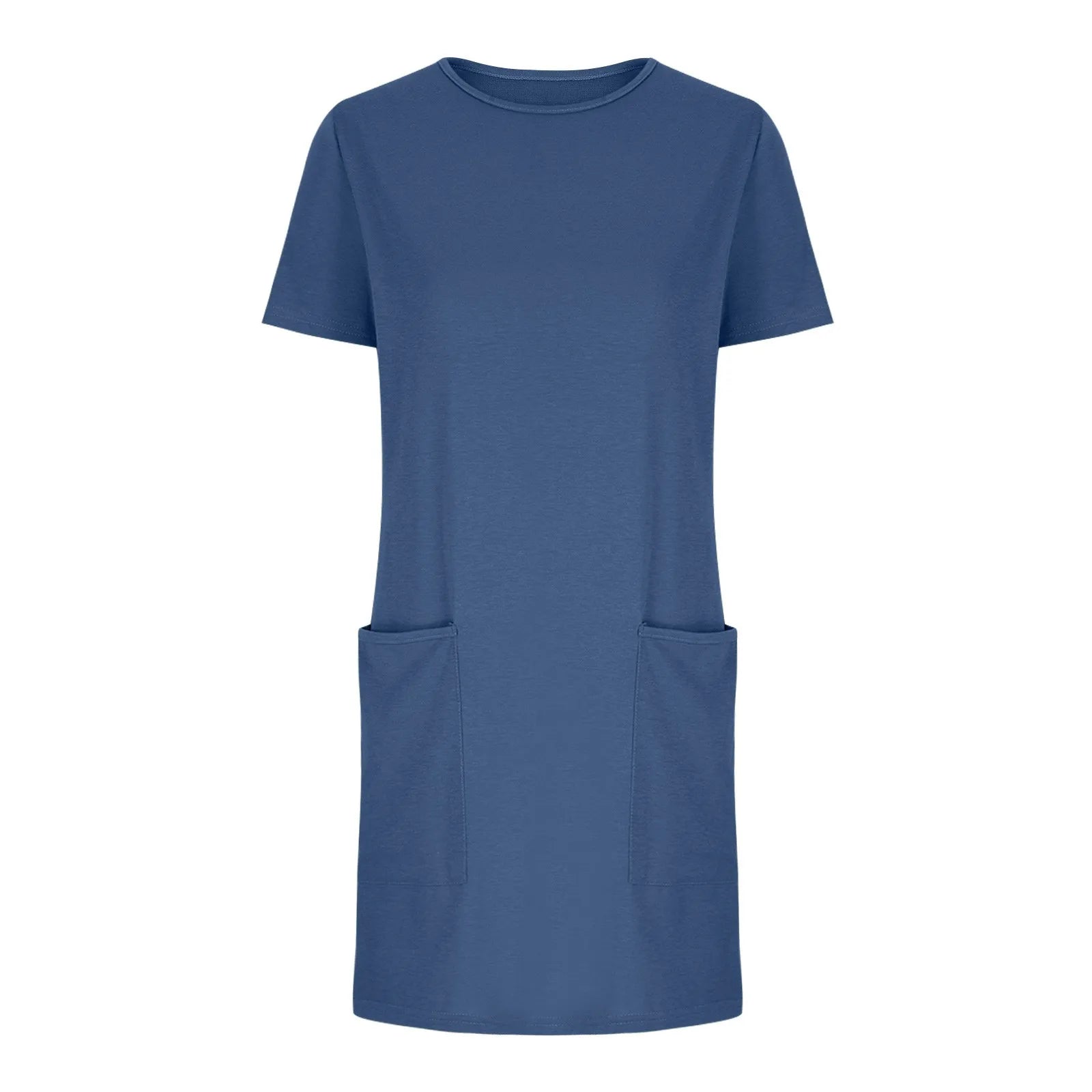 Solid Color Pocket Casual Sports Dress — Short Sleeve O-Neck A-Line Knee-Length Dress