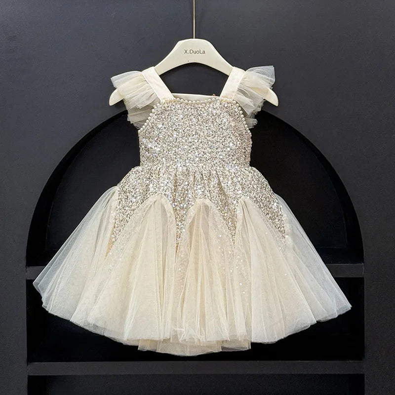 Sequin Flying Sleeve Girls Party Dress — Elegant Mesh Vest Princess Prom Dress