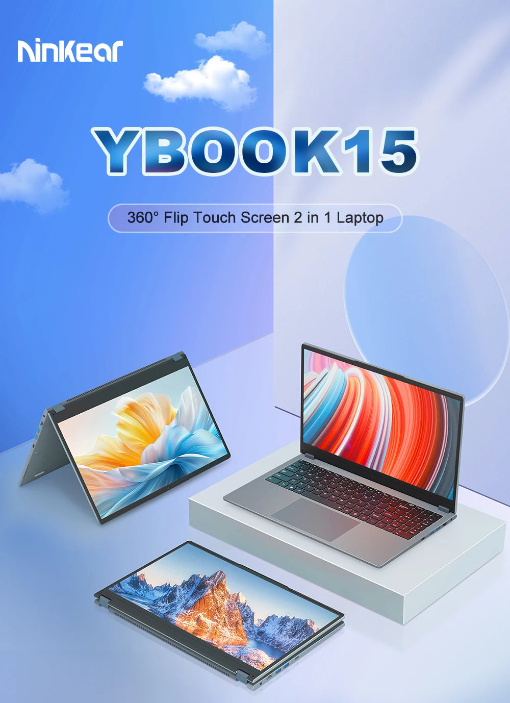 Ninkear YBOOK15 360° 2-in-1 Laptop – 15.6" FHD IPS Touch, AMD Ryzen 3 3200U, Up to 16GB DDR4, 512GB SSD, Windows 11 Pro
