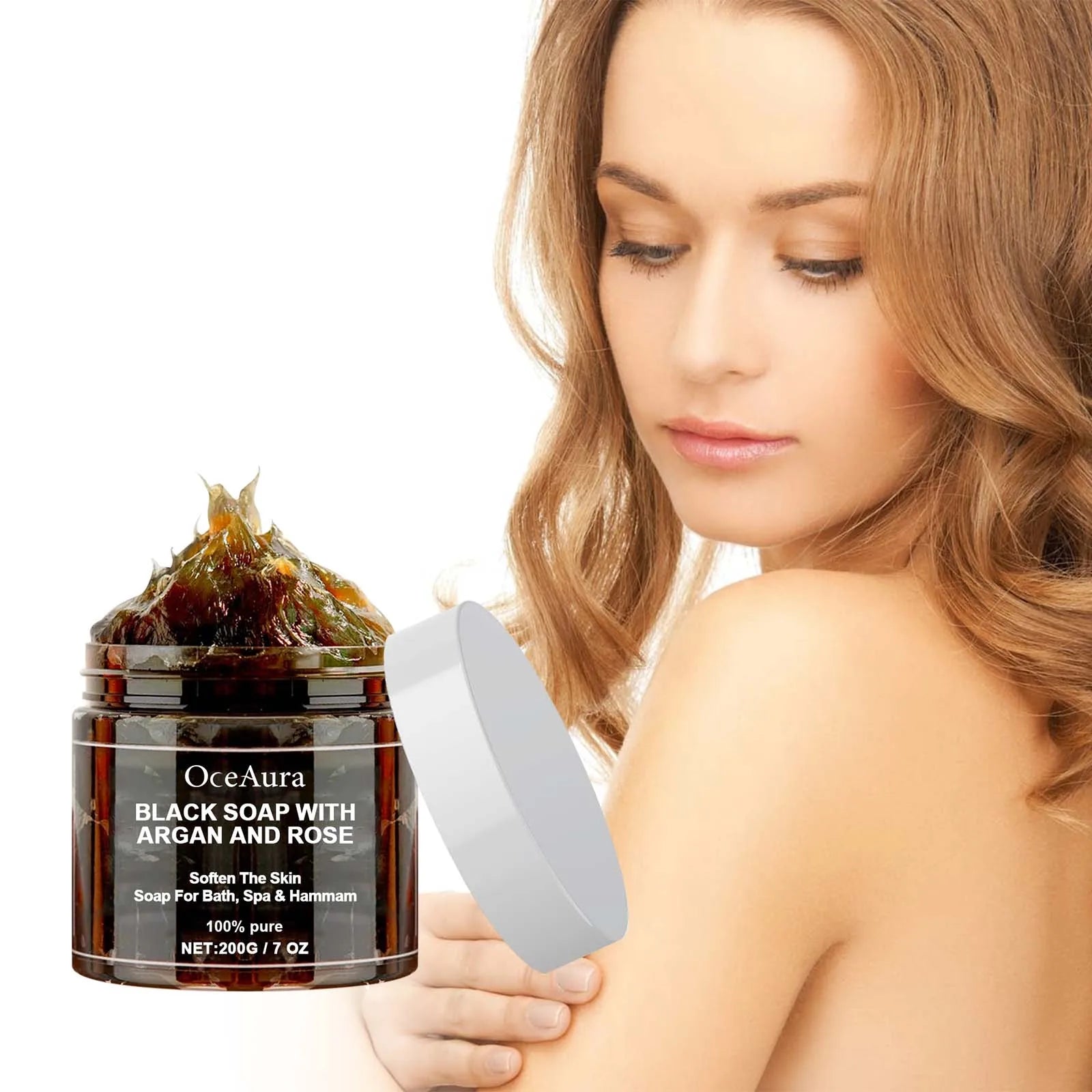 OceAura Black Soap with Argan & Rose – Beldi Dead Skin Remover, Body Scrub & Deep Cleansing, 200g