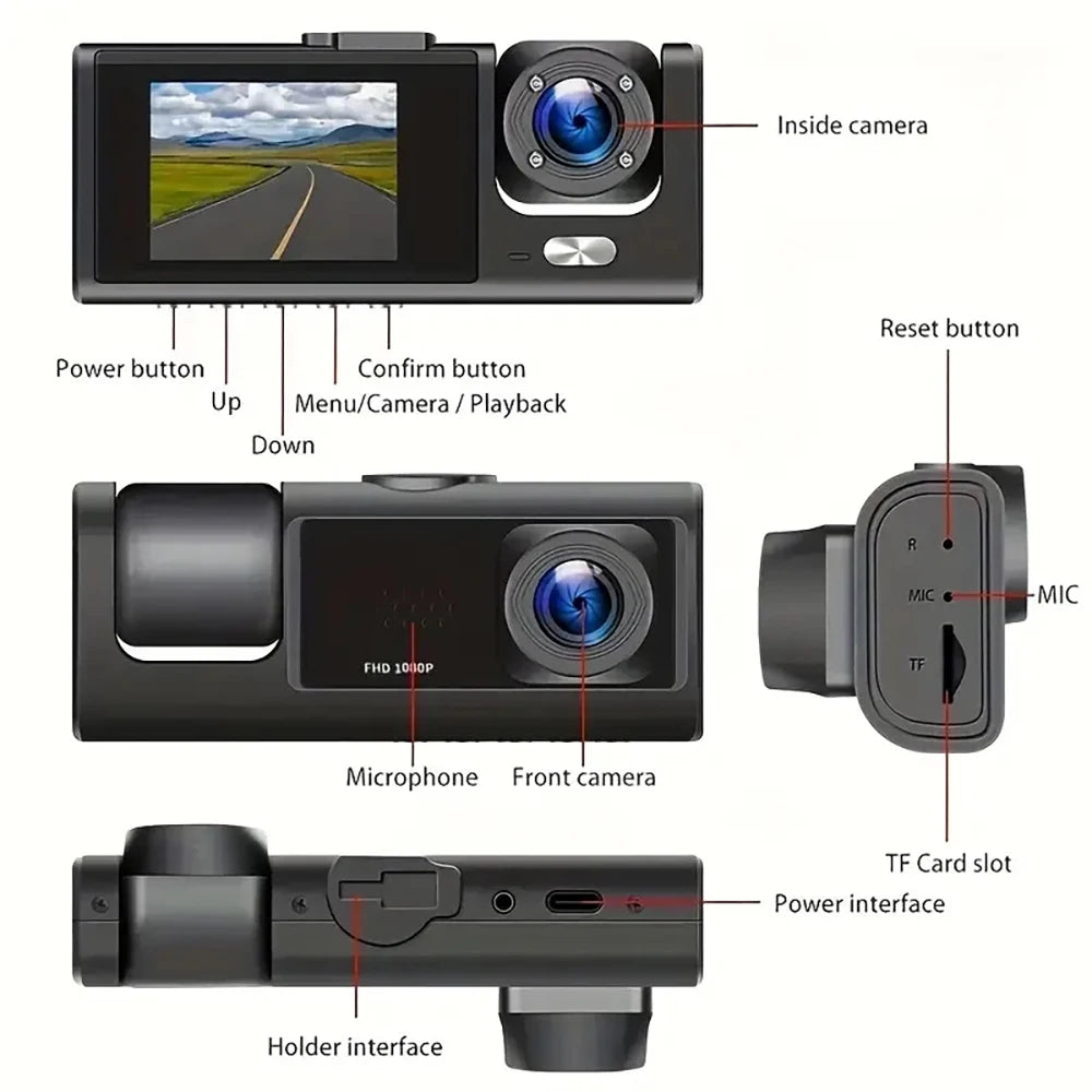 1080P 2/3-Lens WiFi Dash Cam – Front, Rear & Interior, Night Vision, G-Sensor, Loop Recording