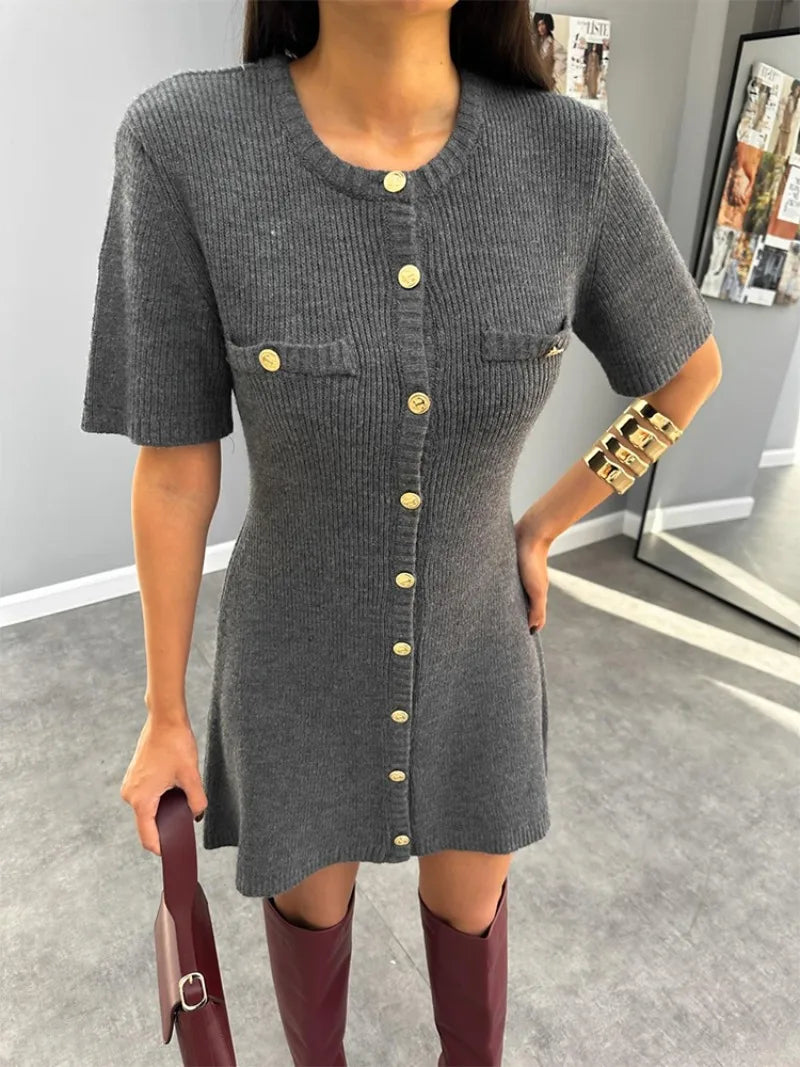 Elegant Knit Rib Mini Dress — High Waist Short Sleeve Bodycon Sweater Dress