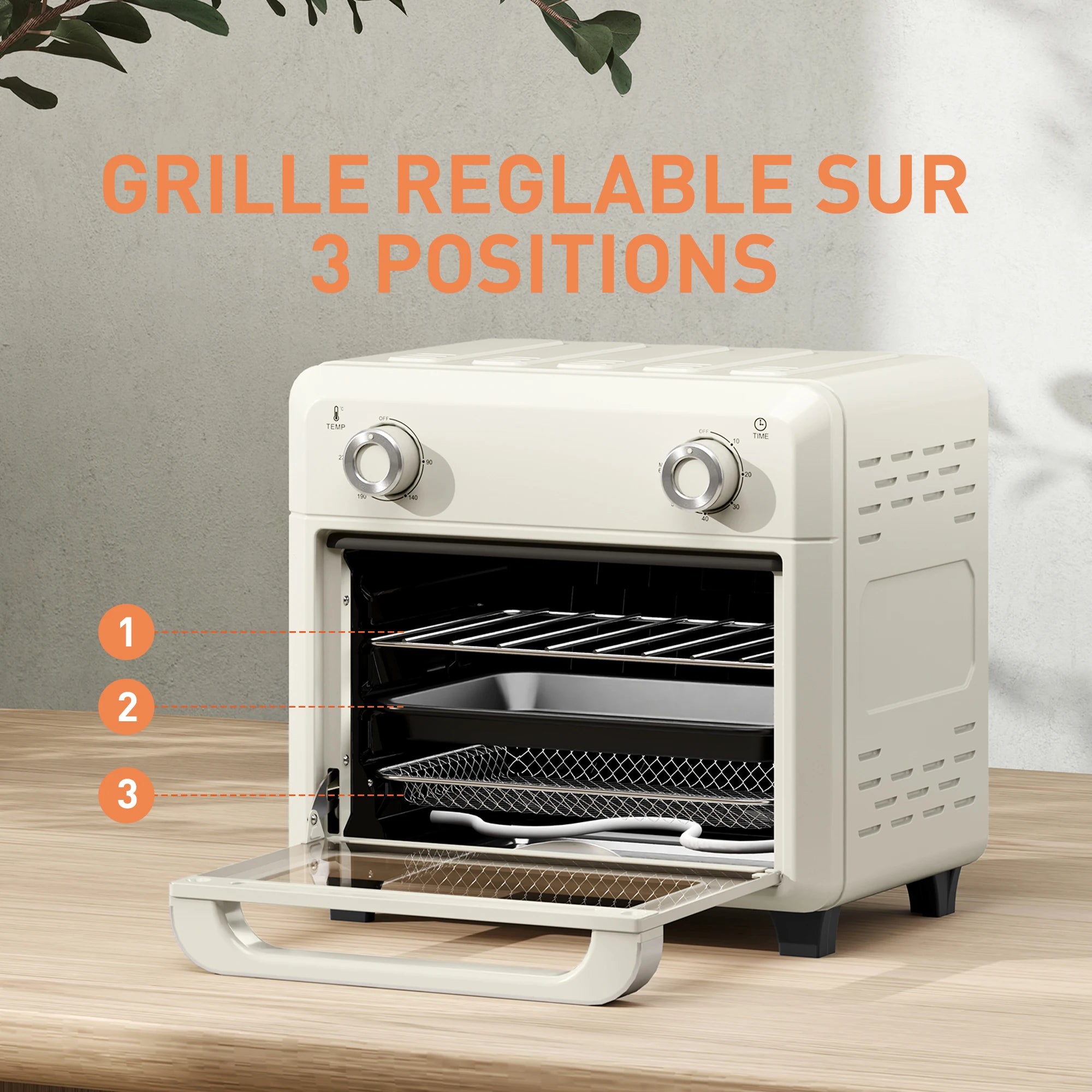HOMCOM 10L Mini Hot Air Oven & Oil-Free Deep Fryer – 60-Min Timer, 80-230°C, Plate & Baking Grid, Cream