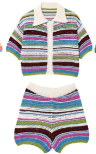 Women's Y2K Crochet Knit Crop Sweater & Shorts Set – Polo Collar Striped Patchwork Hollow Out