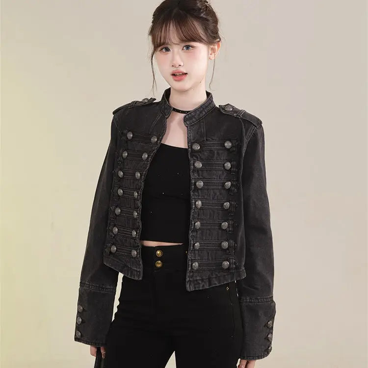 Women's Retro Button Slim Stand Collar Denim Jacket – Short Jean Coat in Black