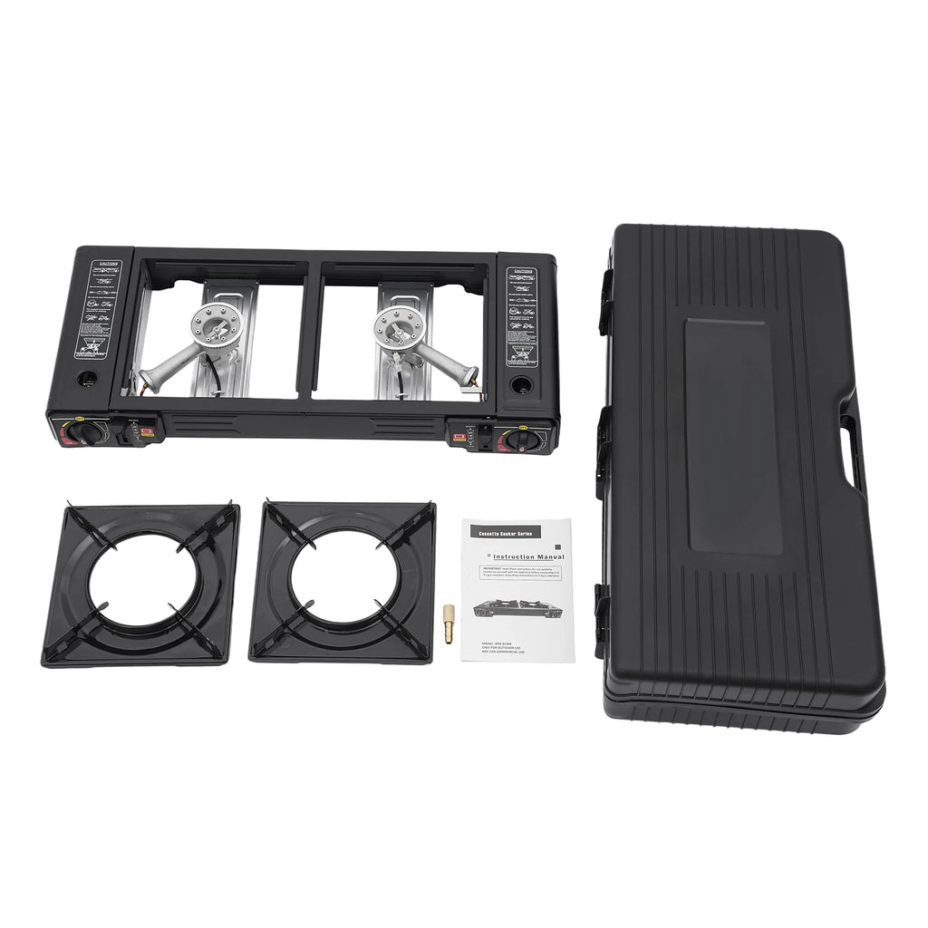 2-Burner Portable Camping Stove — 2500W Each, Butane/LPG, Piezo Ignition, Carry Case Included