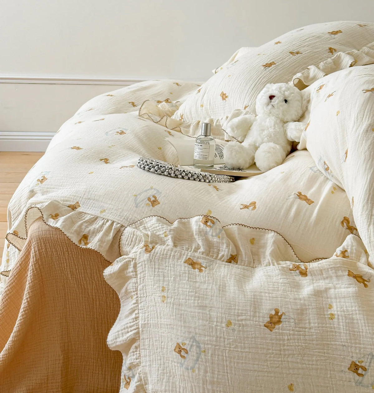 Princess Ruffle Bedding Set – 100% Cotton Gauze Duvet Cover with Pillowcases, Floral, 3-Piece