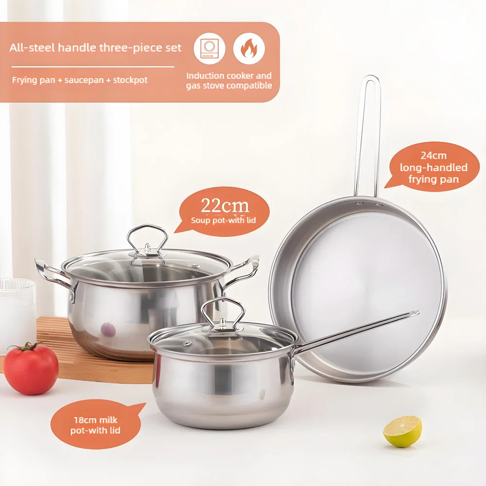 3-Piece Stainless Steel Cookware Set – Stockpot, Saucepan & Frying Pan