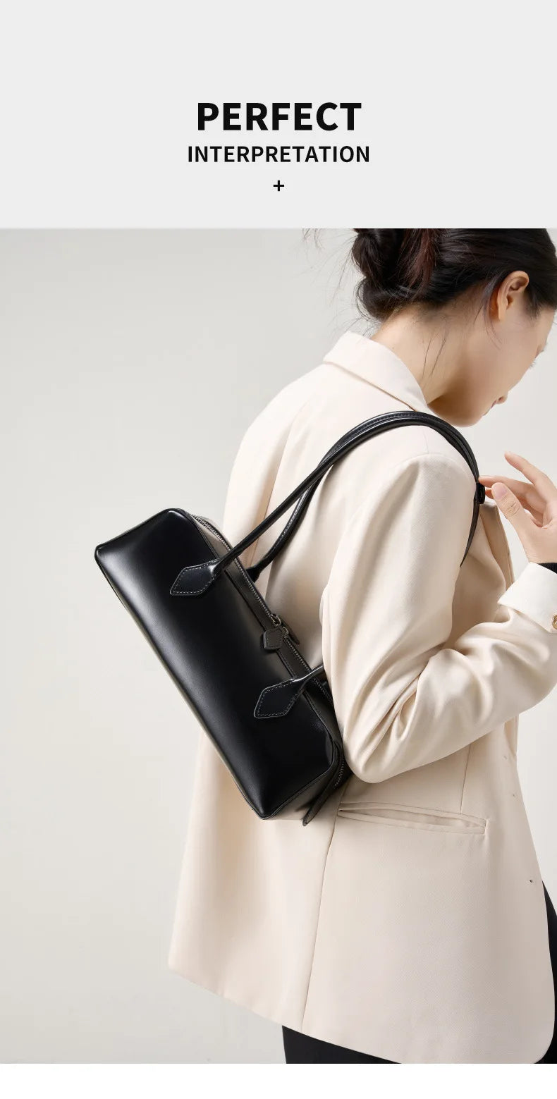 Vintage Genuine Leather Baguette Shoulder Bag – Korean Luxury Underarm Handbag for Women