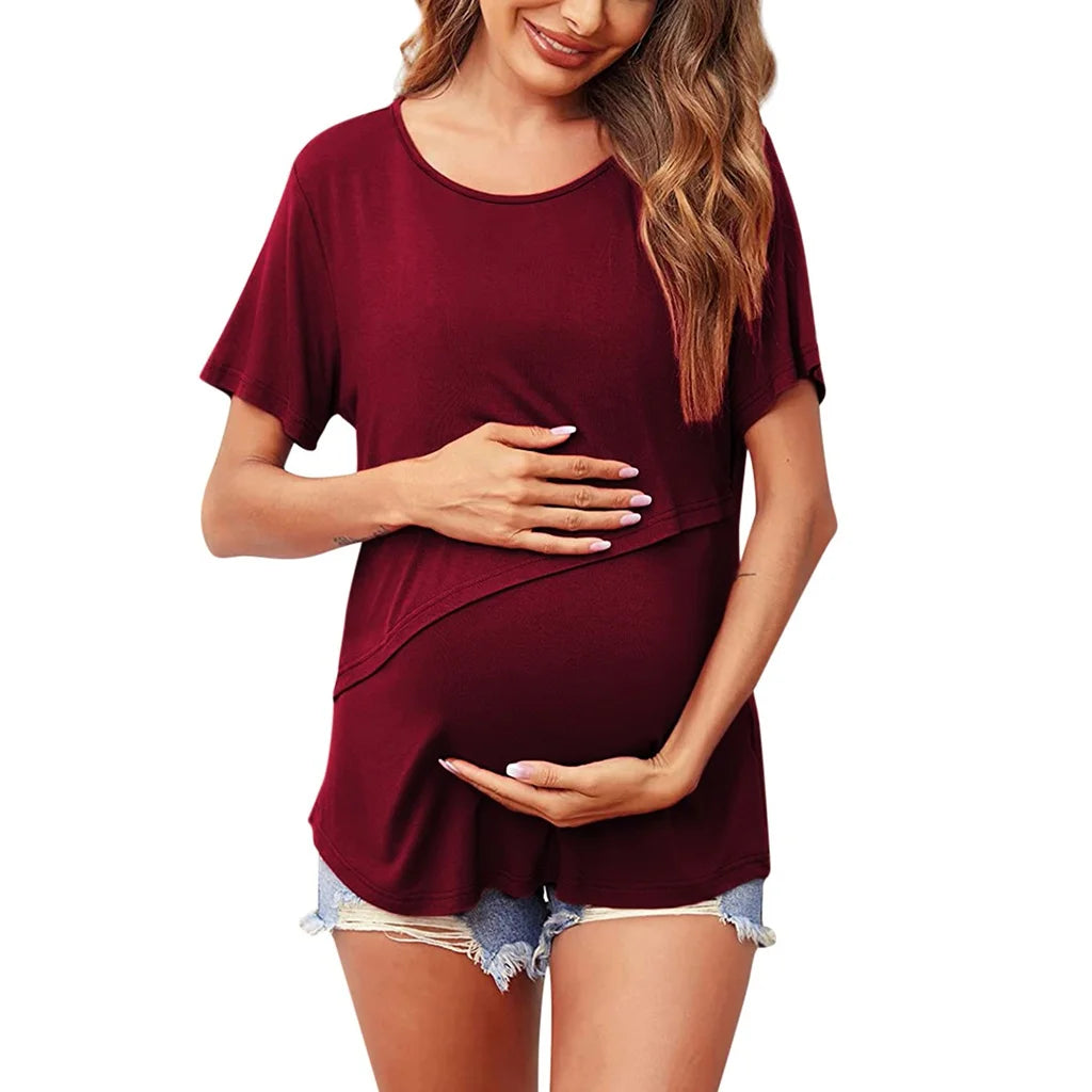 Women's Maternity Nursing Top – Short Sleeve Asymmetrical Flap Breastfeeding T-Shirt