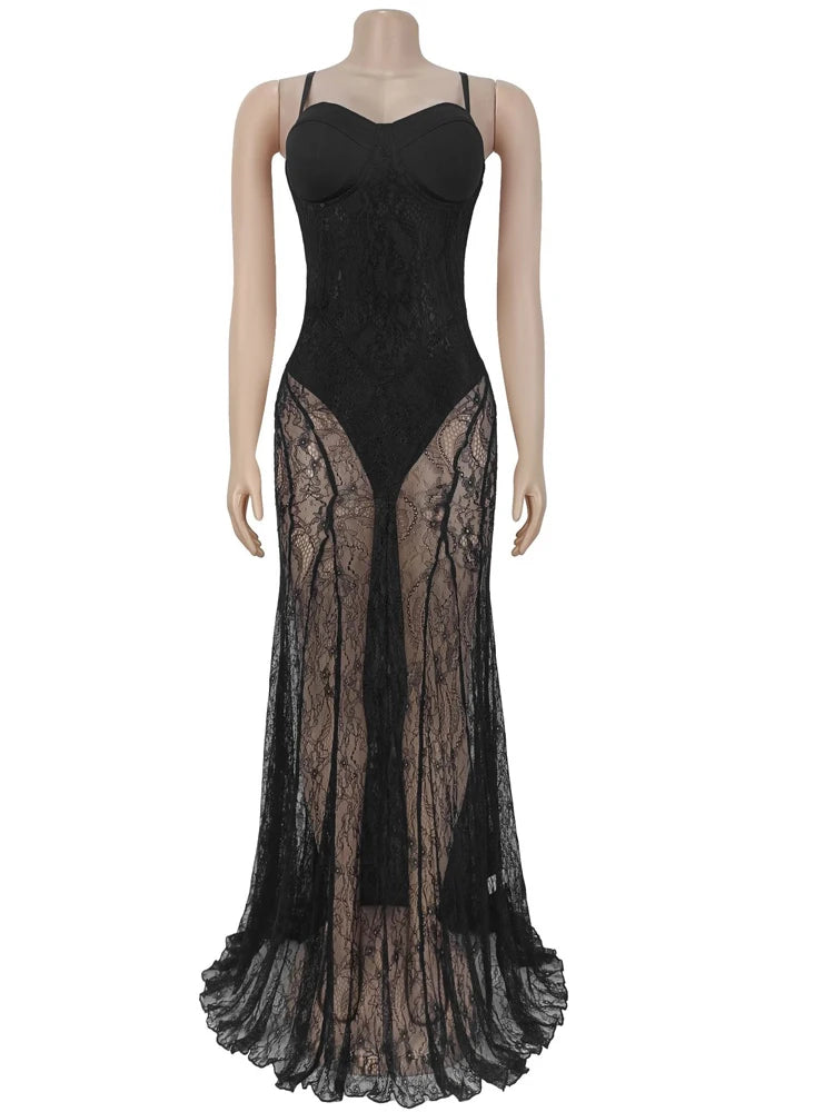 Sheer Lace Floral Bodysuit Dress — Strapless Mesh Night Out Gown