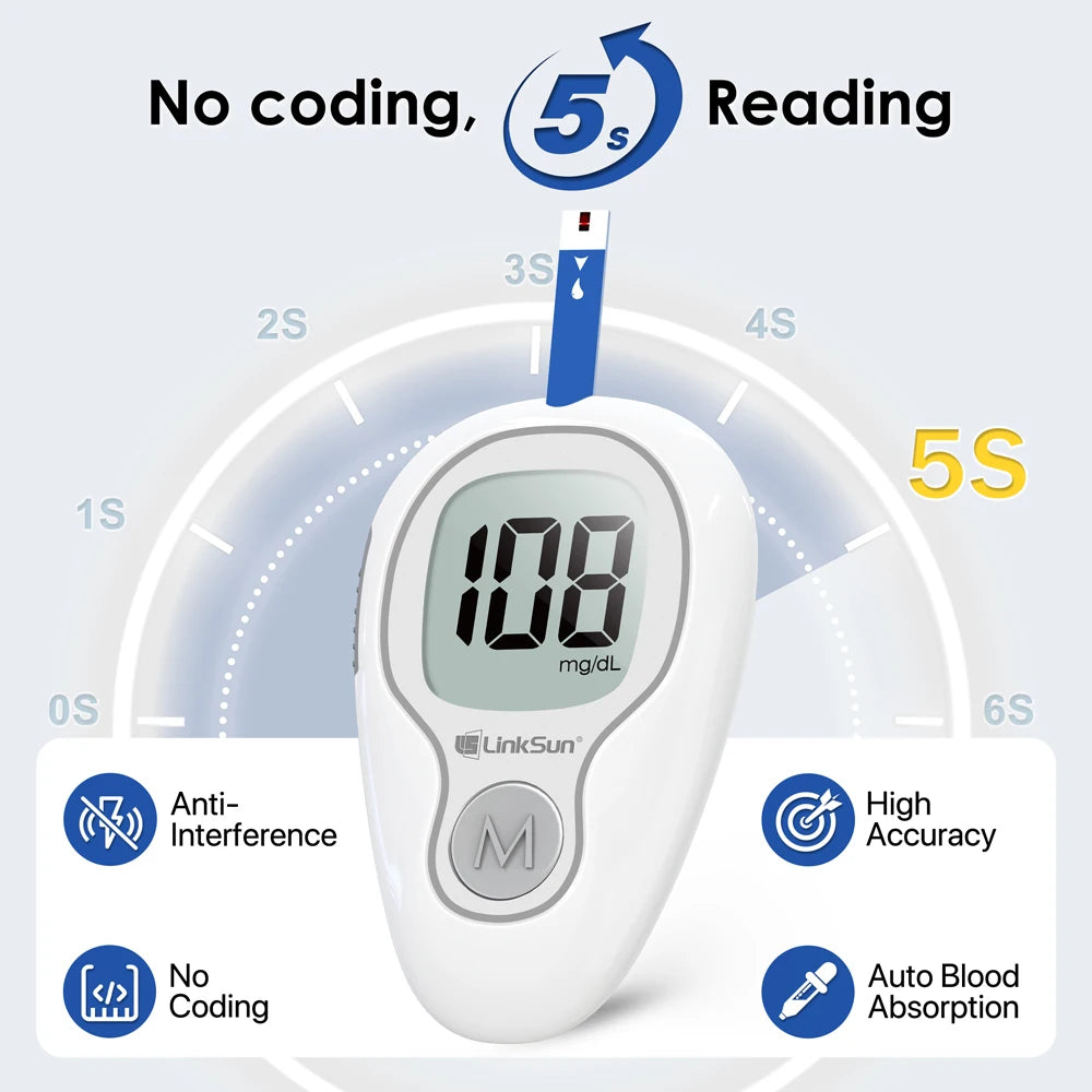 Linksun Blood Glucose Meter G-425-3 Kit – No-Code Glucometer with Test Strips & Lancets