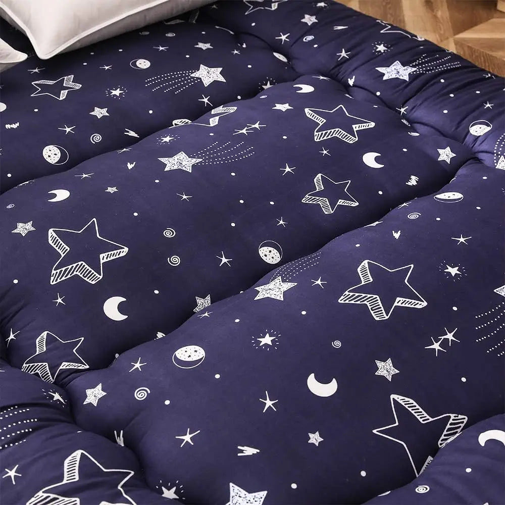Navy Star Queen Size Foldable Japanese Floor Futon Mattress, Portable Tatami Sleeping Mat for Camping & Indoor Use