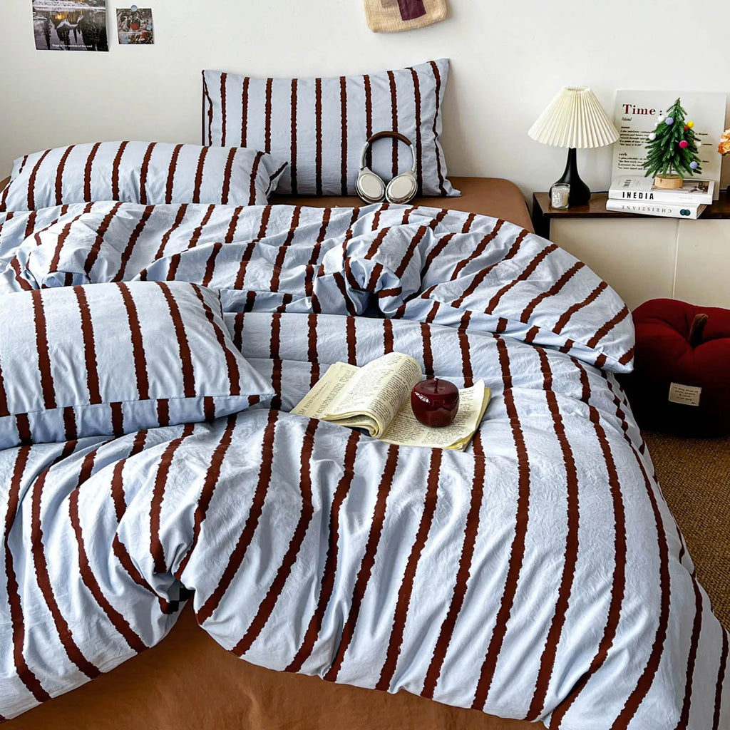 Pink Striped Duvet Cover Set – 3-Piece Soft Washed Cotton Bedding for Girls, 150x200cm