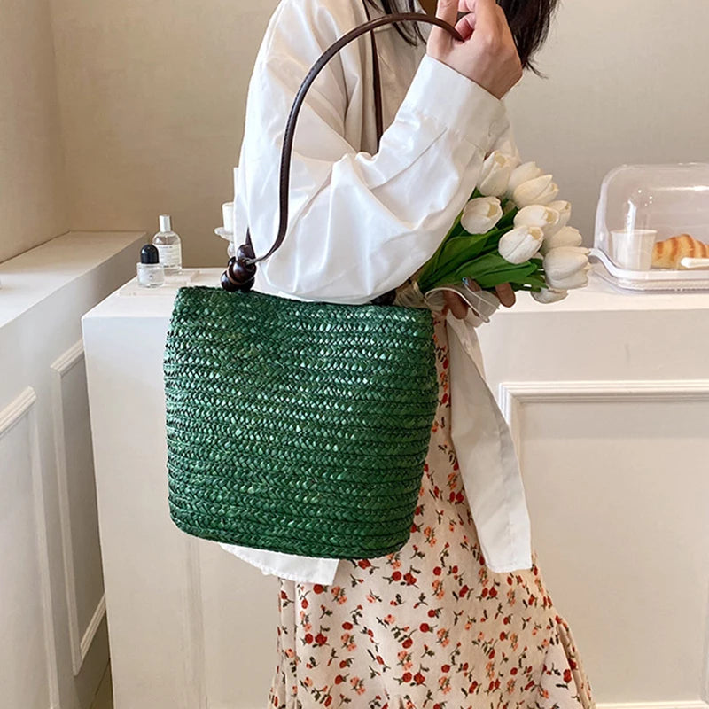 Handmade Straw Rattan Woven Tote Bag – Bohemian Beaded Summer Beach Shoulder Bag for Women