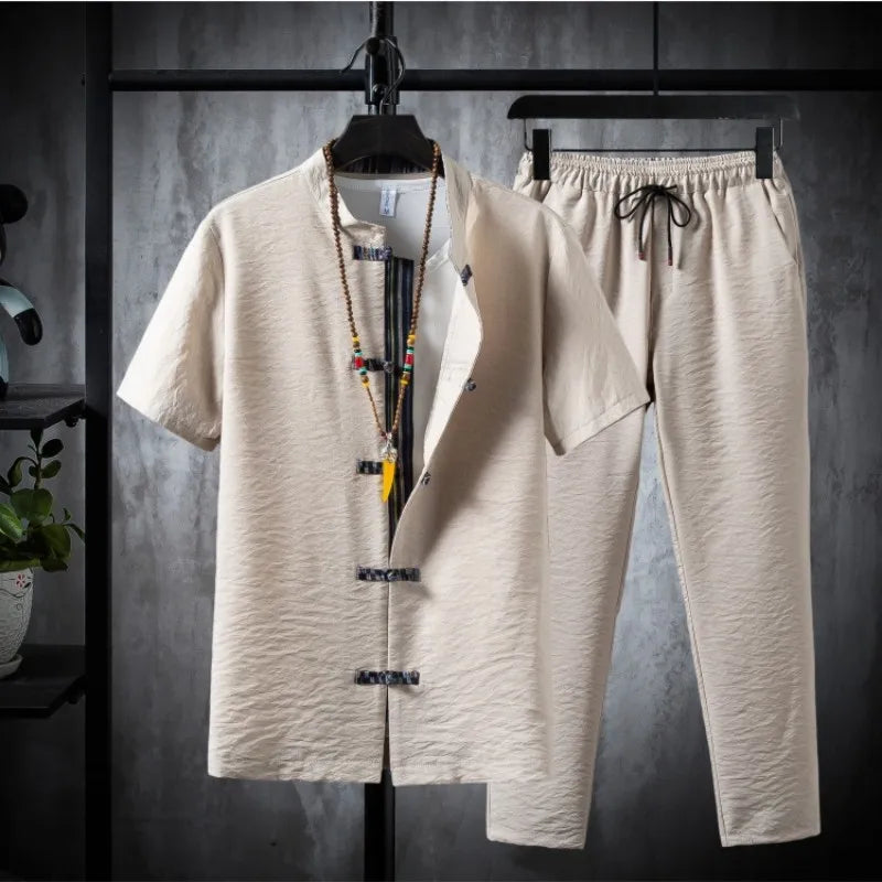 Men's 100% Cotton Linen Short Sleeve Shirt & Drawstring Pants Set