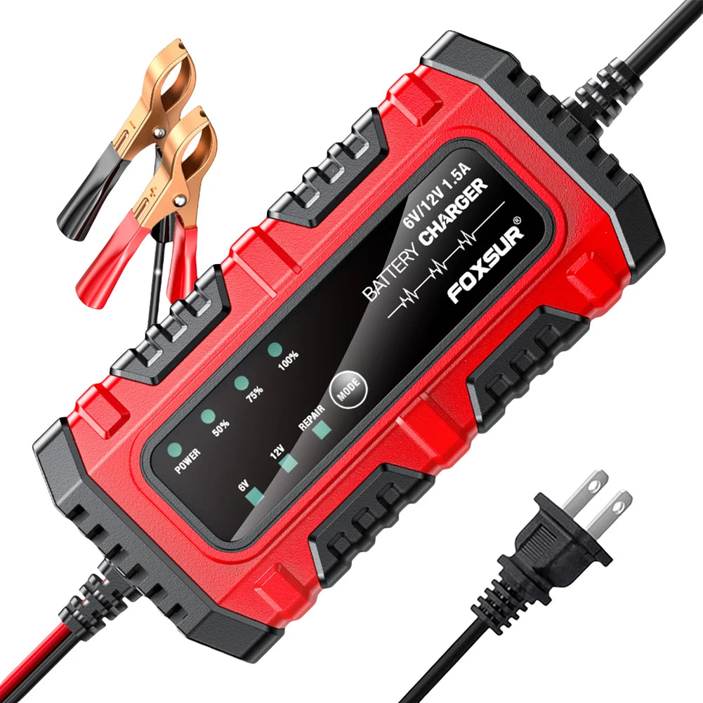 6V/12V 1.5A Smart Car & Motorcycle Battery Charger – Lead-Acid AGM GEL Charging Unit