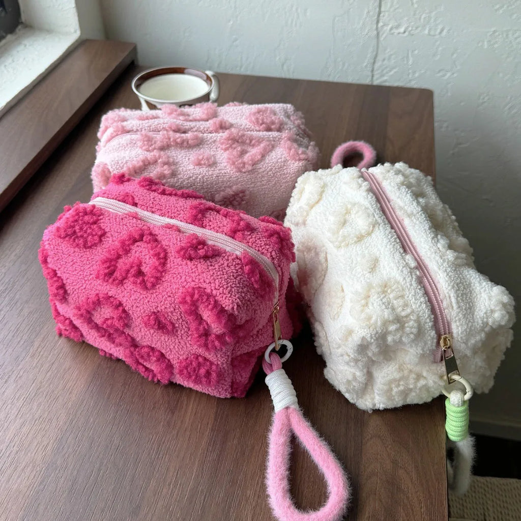 Plush Makeup Bag with Handle – Soft Love Print Travel Cosmetic Organizer & Pencil Case Clutch