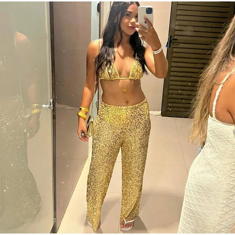 Sexy Sequin Bikini Pants 2-Piece Set | Off-Shoulder Halter, Sleeveless, Holiday Beach Outfit, S-L