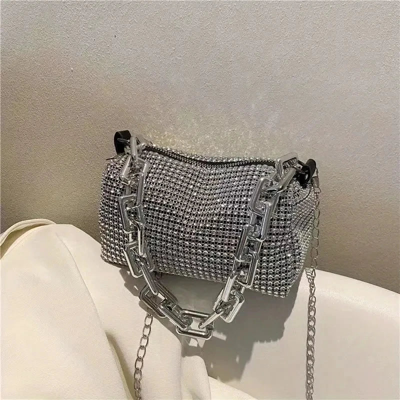 Rhinestone Glitter Mini Crossbody Bag – Chain Prom Purse Pillow Shoulder Bag for Women