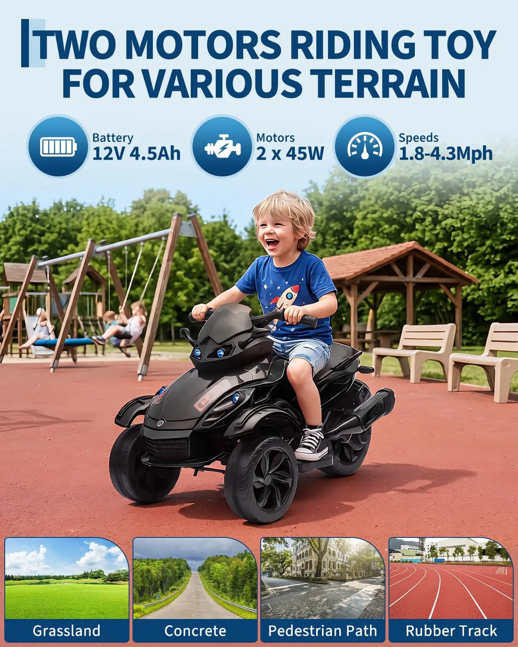 12V Kids Ride-On Car – Three-Wheel Electric Toy with Lights